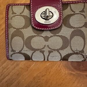 Coach Canvas Wallet with Maroon Leather Accent